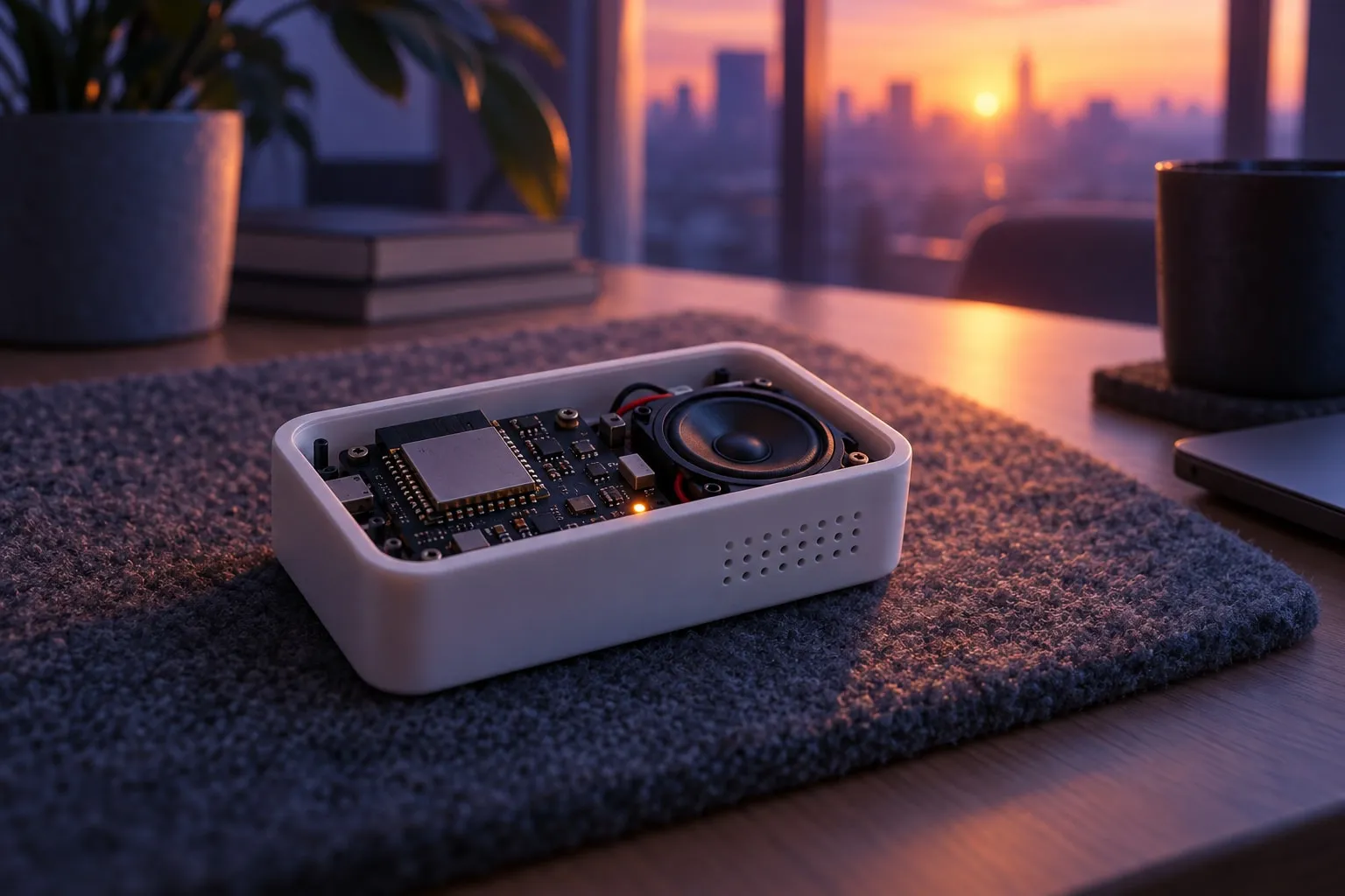 Kleine Platine mit ESP32 und Lautsprecher in einem weißen 3D-gedruckten Gehäuse