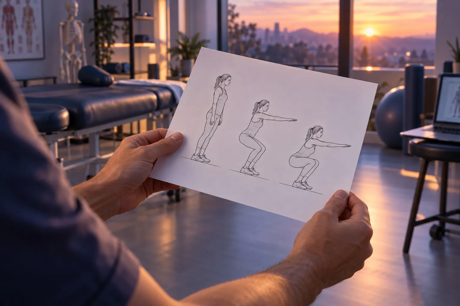 Hände halten ein frisch gedrucktes Übungsblatt mit Strichzeichnungen einer Kniebeuge in einer Physiotherapie-Praxis