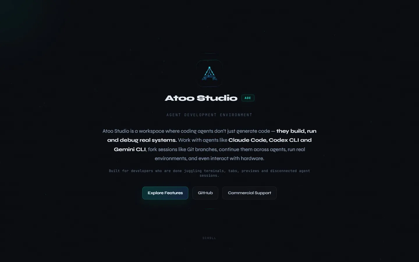 Startseite von Atoo Studio, der Entwicklungsumgebung für KI-Agenten