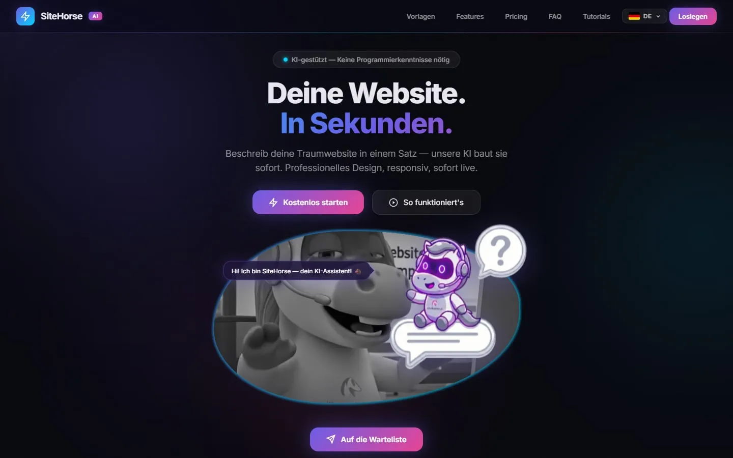 Startseite von SiteHorse: Deine Website. In Sekunden.
